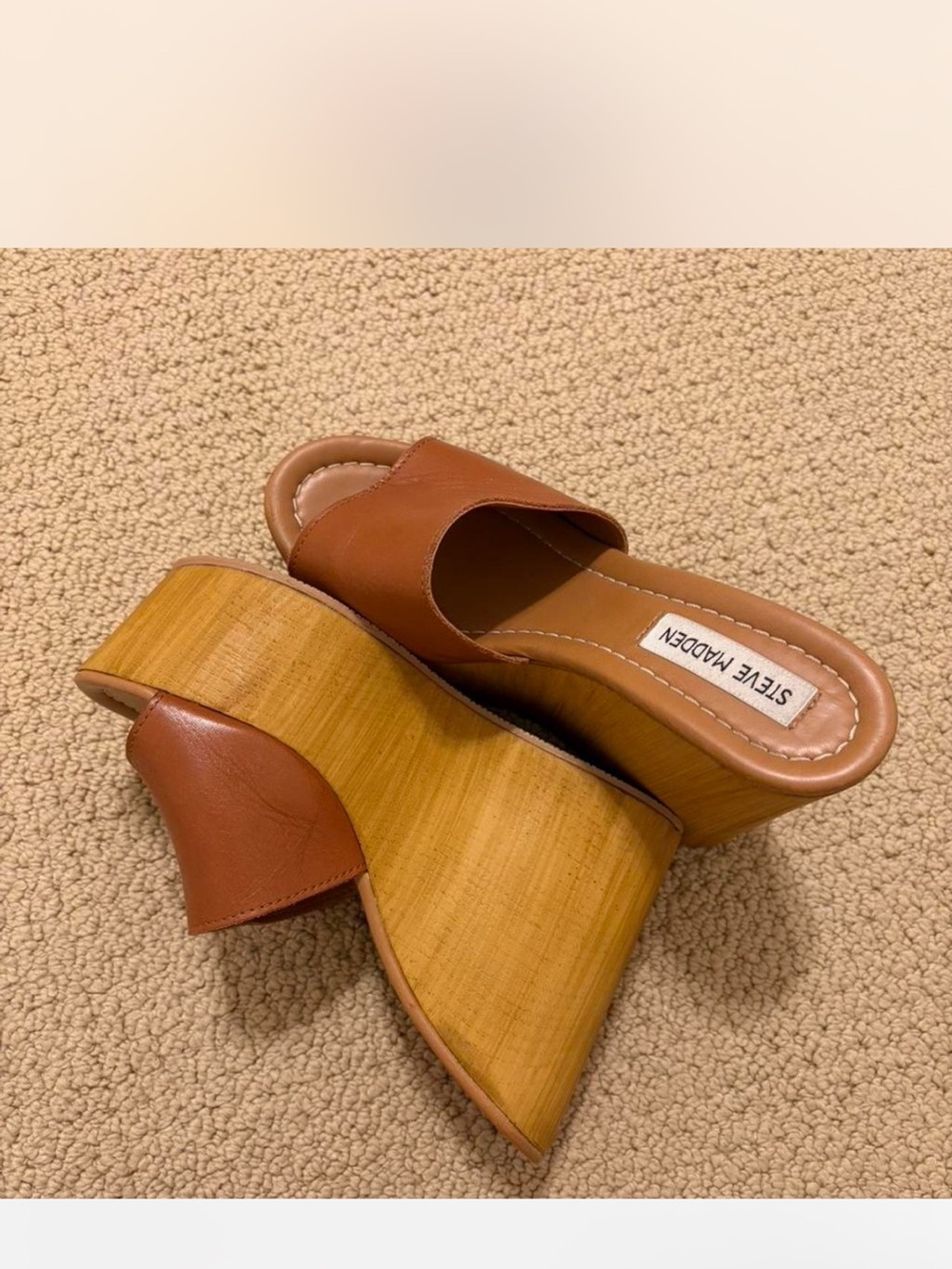 Steve Madden Tan/Brown Leather Wedge Slide Sandals